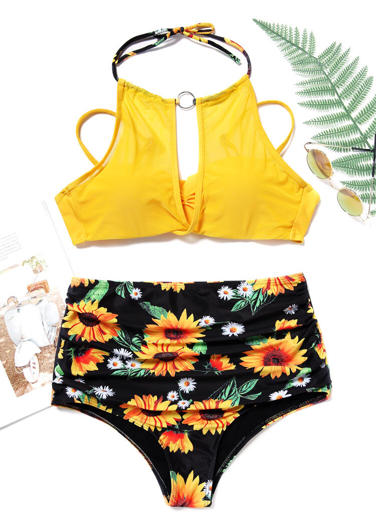 

Bikini Sets Sunflower Hollow Out Tie Halter Bikini Set in Yellow. Size