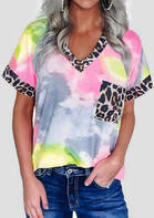 Summer Outfits Tie Dye Leopard Splicing Pocket T-Shirt Tee