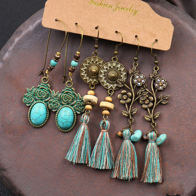 

Earrings 3 Pairs Vintage Bohemian Tassel Beads Earrings. Size, Pattern3