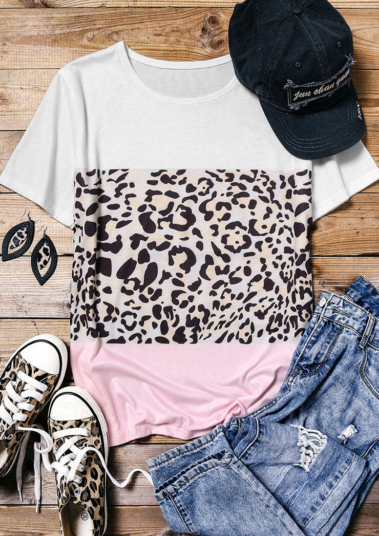 

Color Block Leopard Splicing T-Shirt Tee without Necklace, Multicolor, 471623