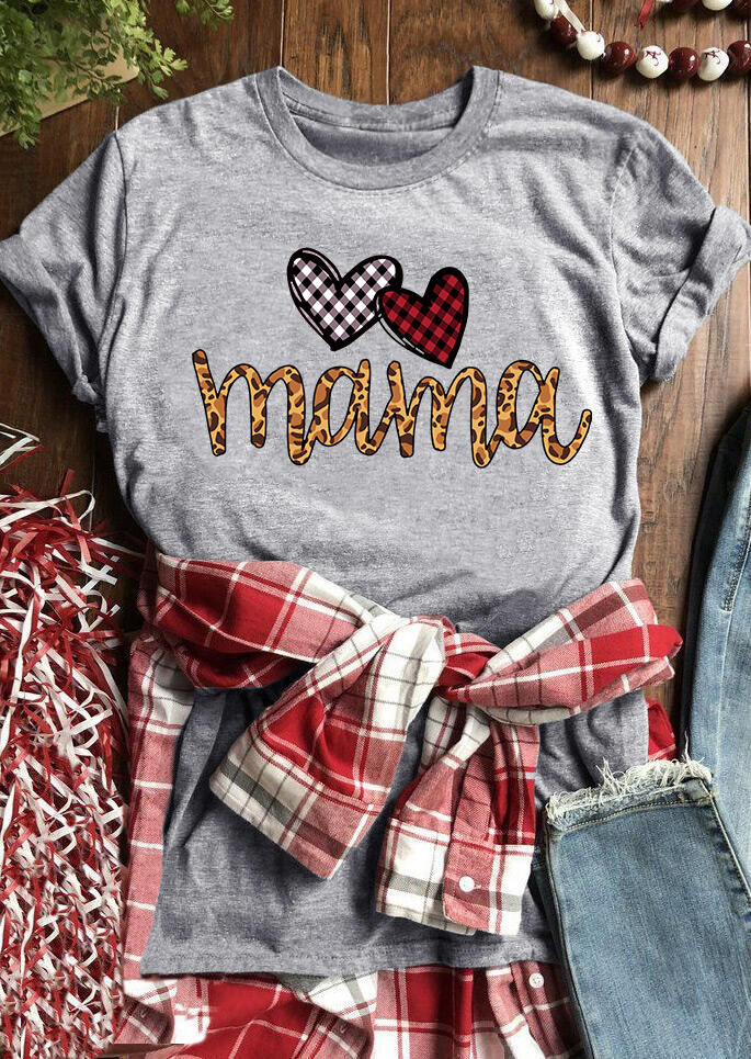 

Plaid Leopard Printed Heart Mama T-Shirt Tee - Gray, 466003