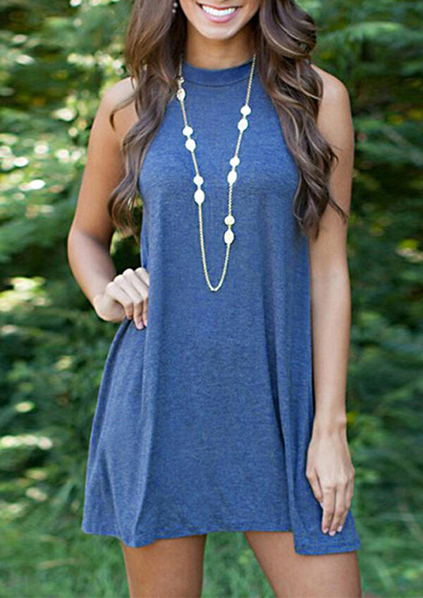 

Sleeveless Casual Mini Dress without Necklace - Deep Blue, 468743