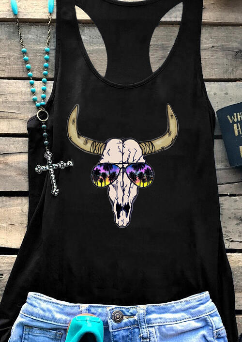 

Tank Tops Steer Skull O-Neck Tank without Necklace in Black. Size