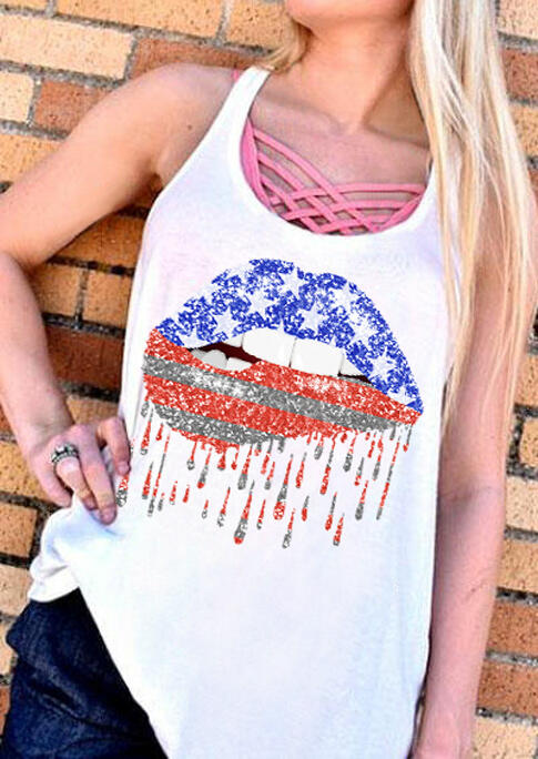 

American Flag Star Striped Lips Tank - White, 471507