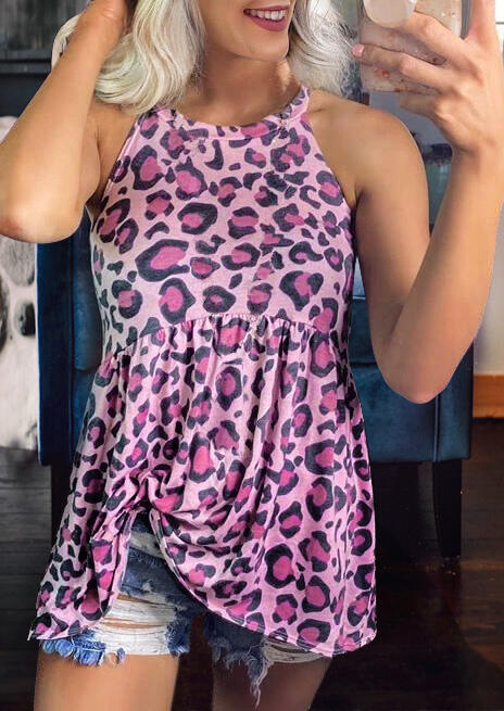 

Leopard Ruffled Halter Tank without Necklace - Purple, 471676