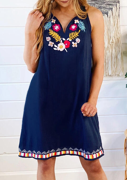 

Floral Sleeveless V-Neck Mini Dress - Deep Blue, 472038