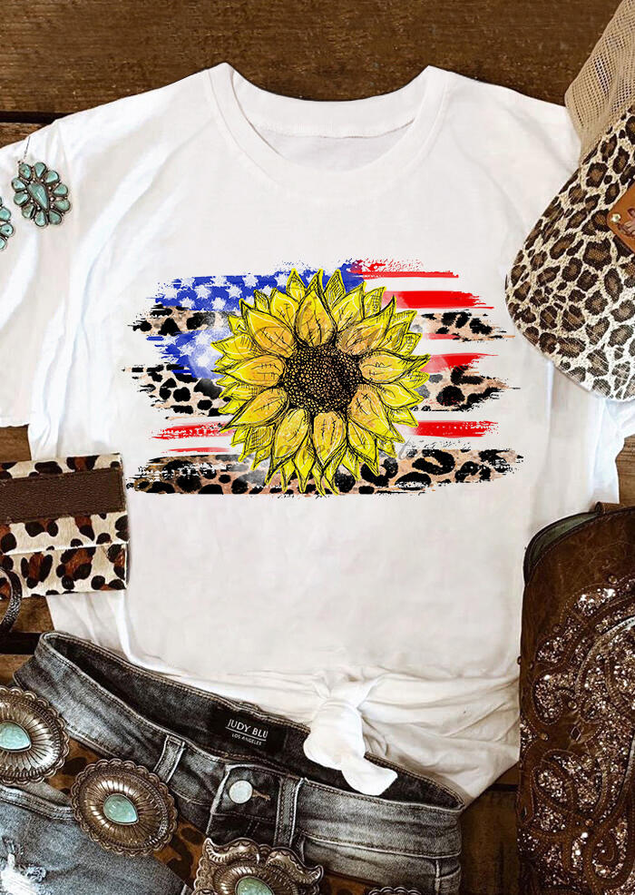 

Tees T-shirts American Flag Star Leopard Sunflower T-Shirt Tee in White. Size: ,M