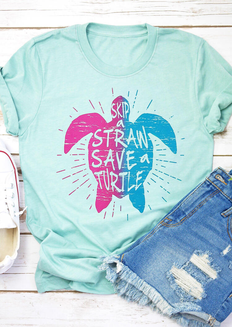 

Tees T-shirts Skip A Straw Save A Turtle T-Shirt Tee in Cyan. Size