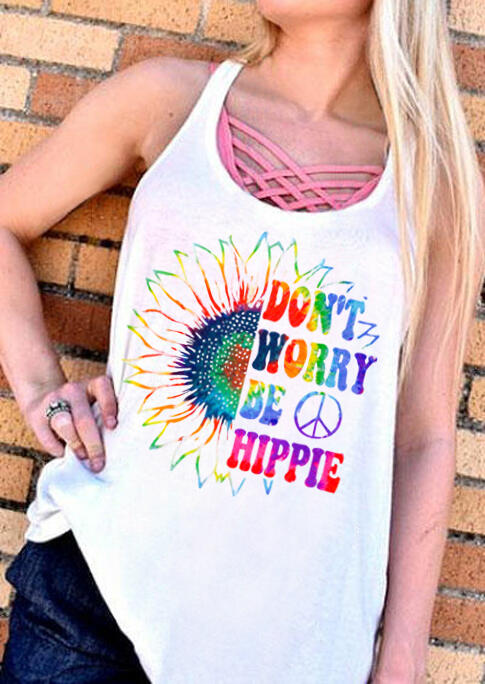 

Tank Tops Tie Dye Sunflower Don't Worry Be Hippie Tank in White. Size