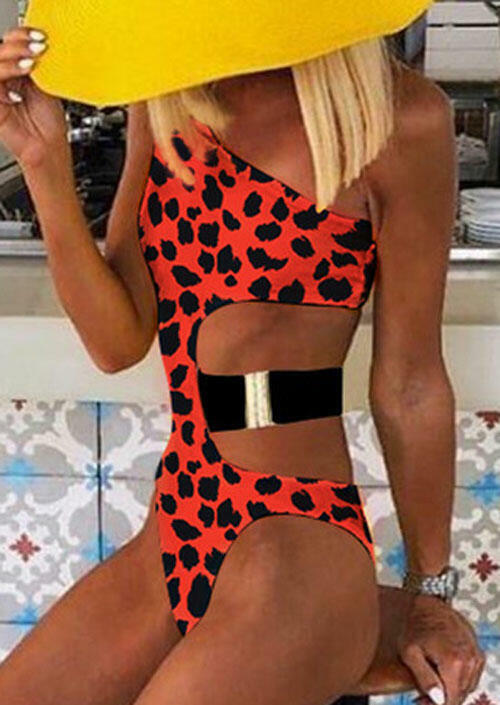 

Leopard Printed Hollow Out One-Piece Swimsuit, 461825