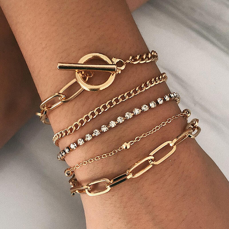 

Bracelet 5Pcs Alloy Rhinestone Bracelet Set in Gold. Size