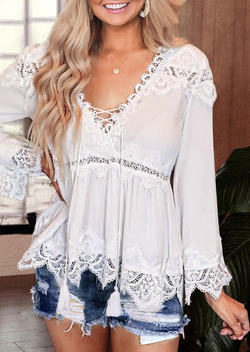 

Blouses Lace Splicing Criss-Cross Blouse without Necklace in White. Size
