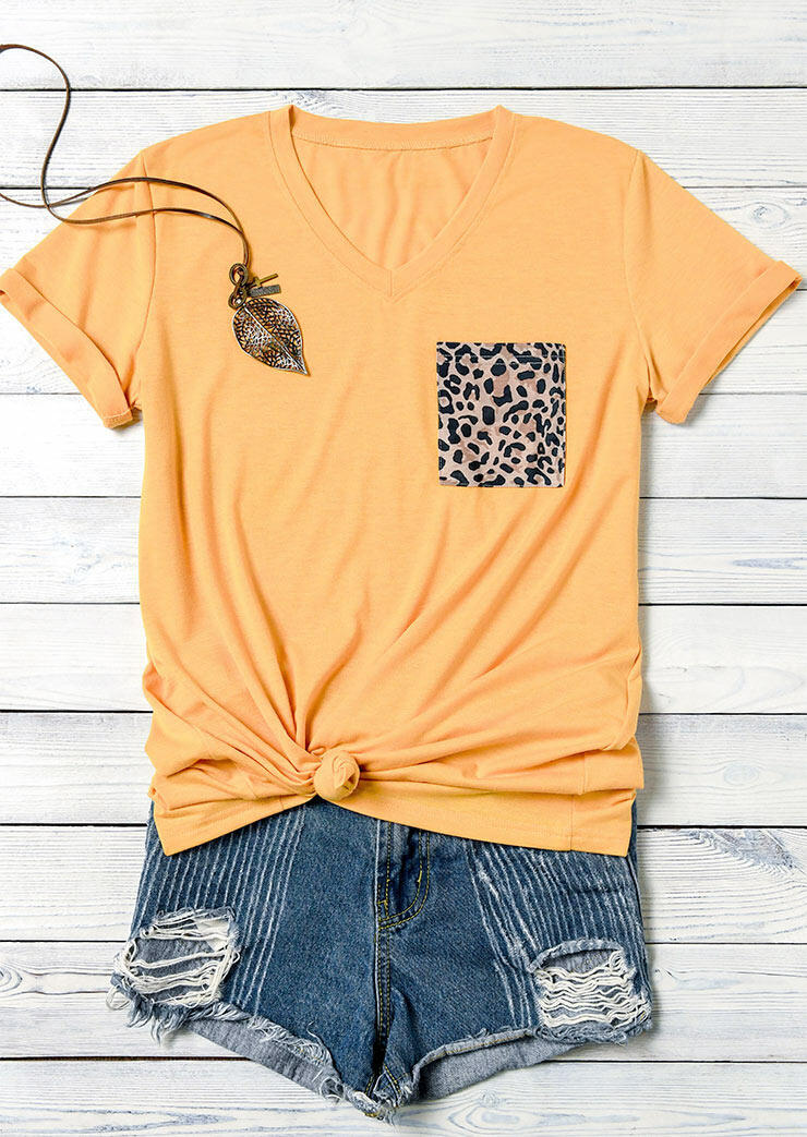 

Leopard Pocket V-Neck T-Shirt Tee without Necklace - Yellow, 472216