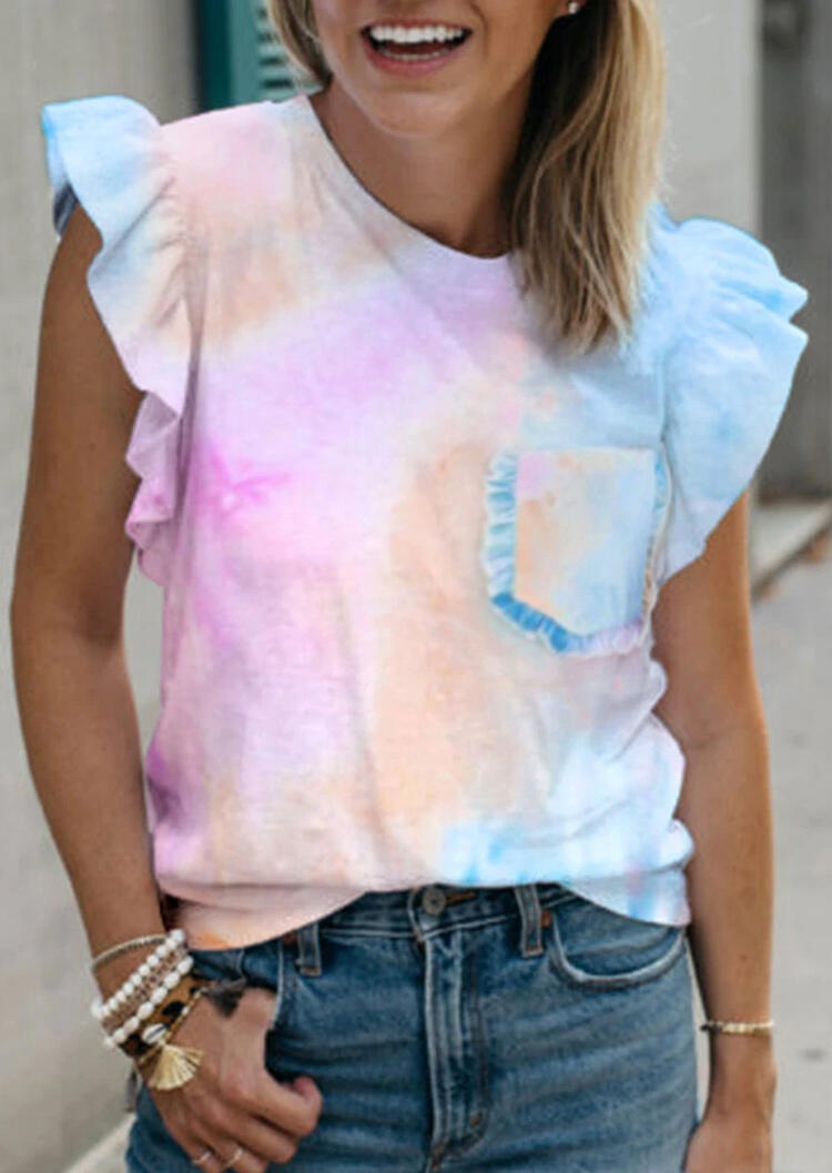 

Tie Dye Ruffled Pocket Blouse, Multicolor, 472231