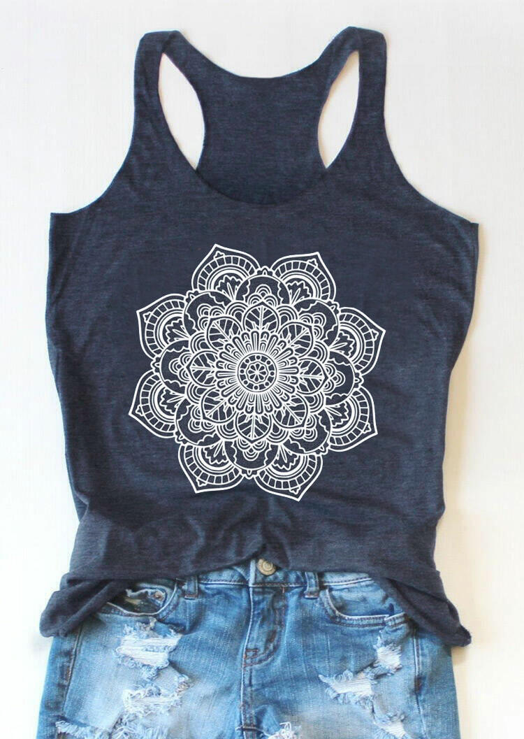 

Tank Tops Mandala O-Neck Casual Tank in Deep Blue. Size