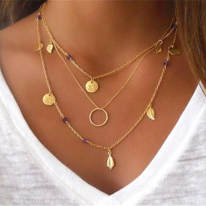 

Necklaces Leaf Ring Multi-Layered Pendant Necklace in Gold. Size