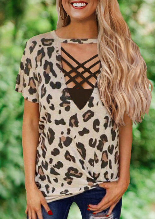 

Leopard Criss-Cross Hollow Out Blouse, 471629