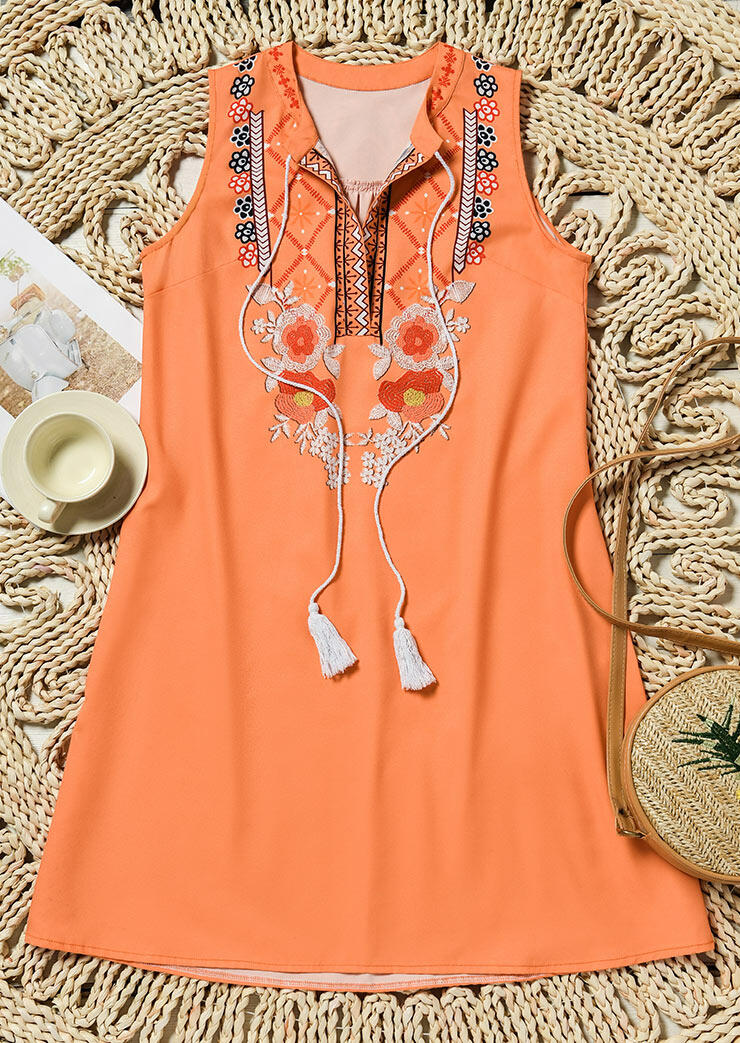 

Mini Dresses Floral Geometric Tassel Drawstring Sleeveless Mini Dress in Orange. Size