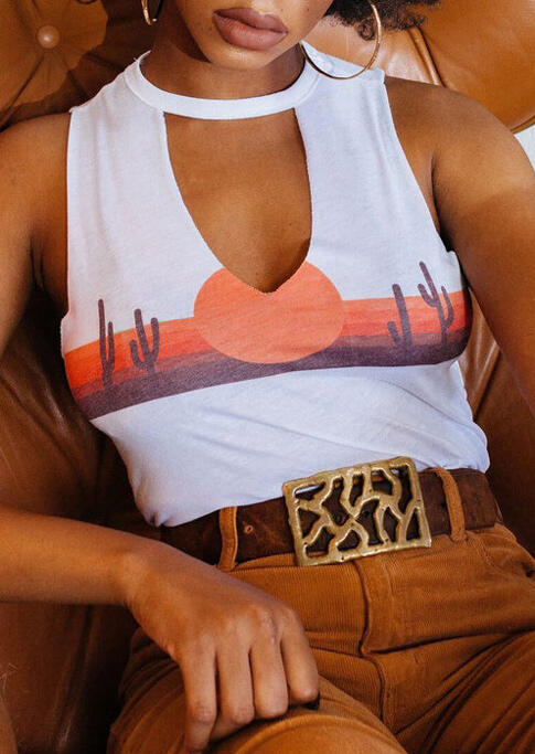 

Tank Tops Sunset Cactus Hollow Out Tank in White. Size