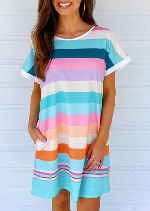 

Colorful Striped Pocket Mini Dress, Multicolor, 472040