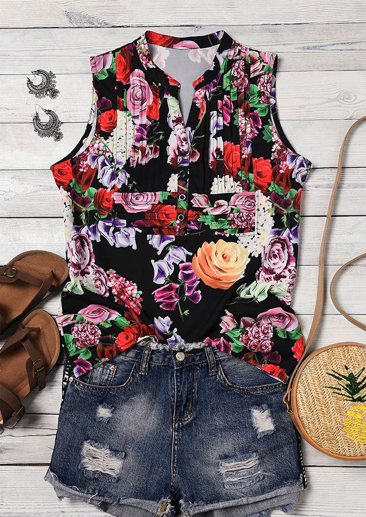 Tank Tops Floral Button V-Neck Tank Top in Black. Size: S,M,XL