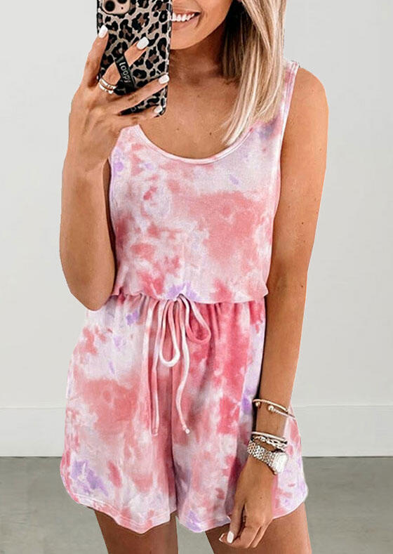 

Tie Dye Drawstring Sleeveless Romper - Pink, 472559