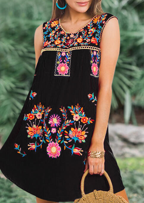 

Floral Ruffled Sleeveless Mini Dress - Black, 472600