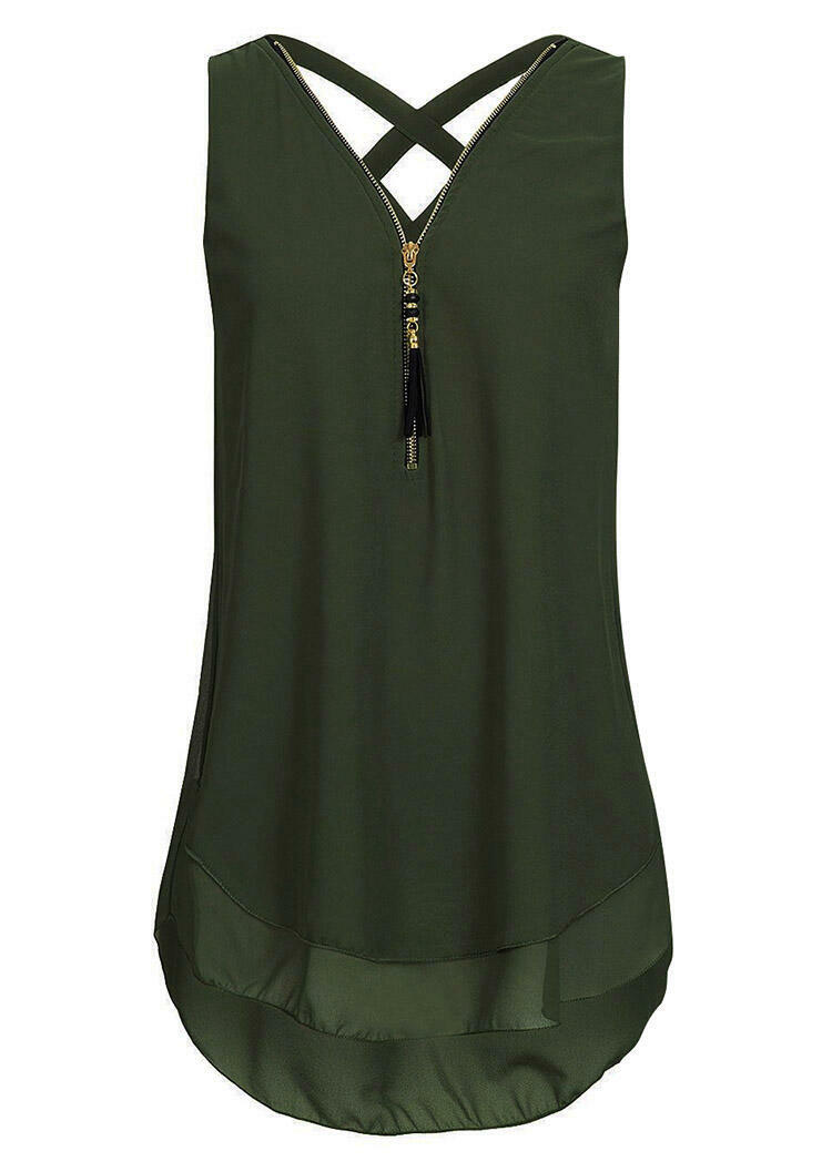 

Solid Zipper Criss-Cross Tank, White;pink;army green, 401501