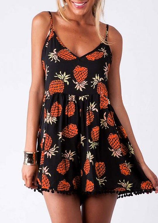 

Pineapple Ruffled Spaghetti Strap Mini Dress - Black, 472042