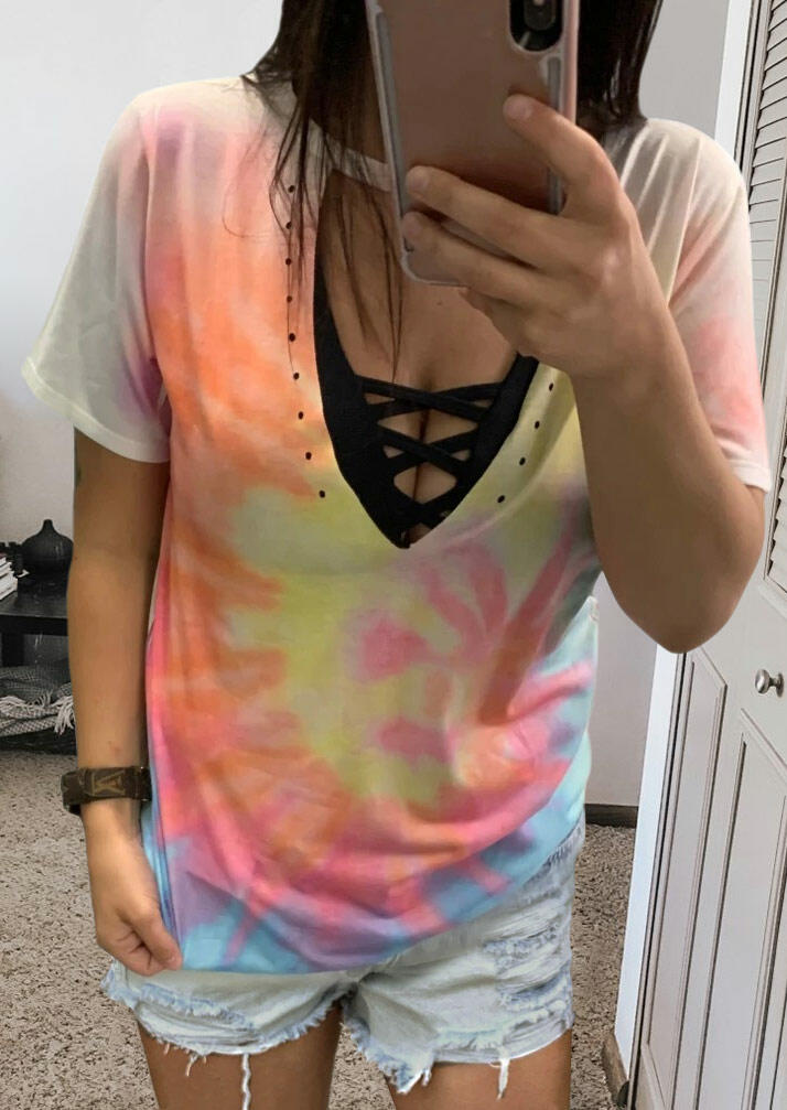 

Tie Dye Hollow Out V-Neck Blouse without Criss-Cross Camisole, Multicolor, 472395