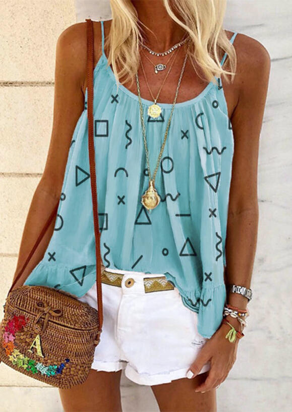 

Tank Tops Geometric Ruffled Camisole without Necklace in Cyan. Size