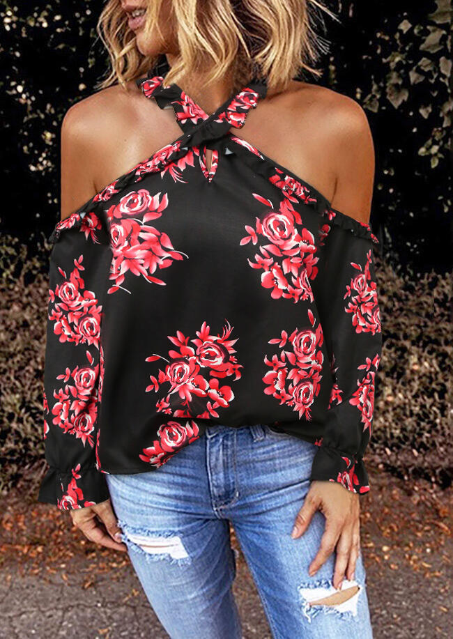 

Floral Criss-Cross Cold Shoulder Halter Blouse - Black, 472526