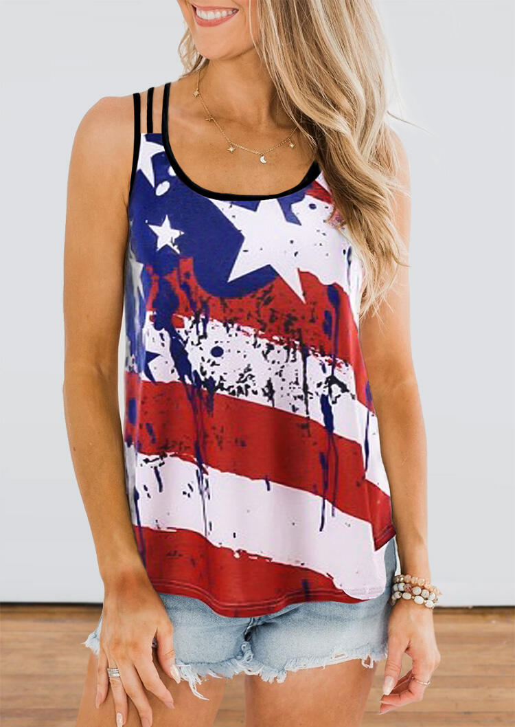 

Tank Tops American Flag Lace Splicing Camisole in Stripe. Size