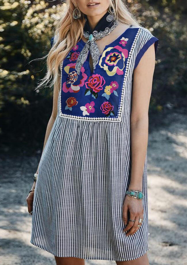 

Floral Striped Splicing Mini Dress without Silk Scarf, Stripe, 472703