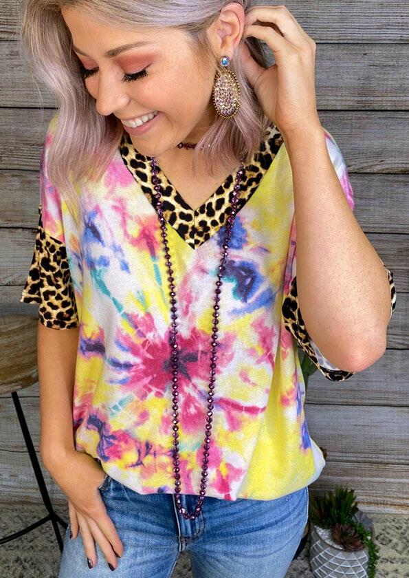 

Tie Dye Leopard Splicing Blouse without Necklace, Multicolor, 472712