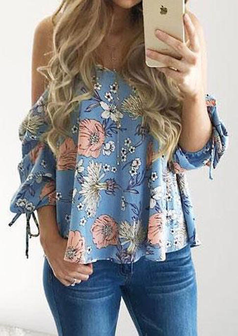 

Blouses Floral Spaghetti Strap Cold Shoulder Blouse without Necklace in LightBlue. Size