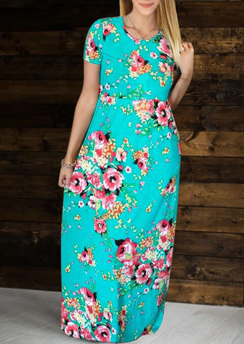 

Floral Ruffled Pocket Maxi Dress without Necklace - Green, 472223