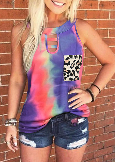 

Tie Dye Leopard Pocket Hollow Out Camisole, Multicolor, 472463