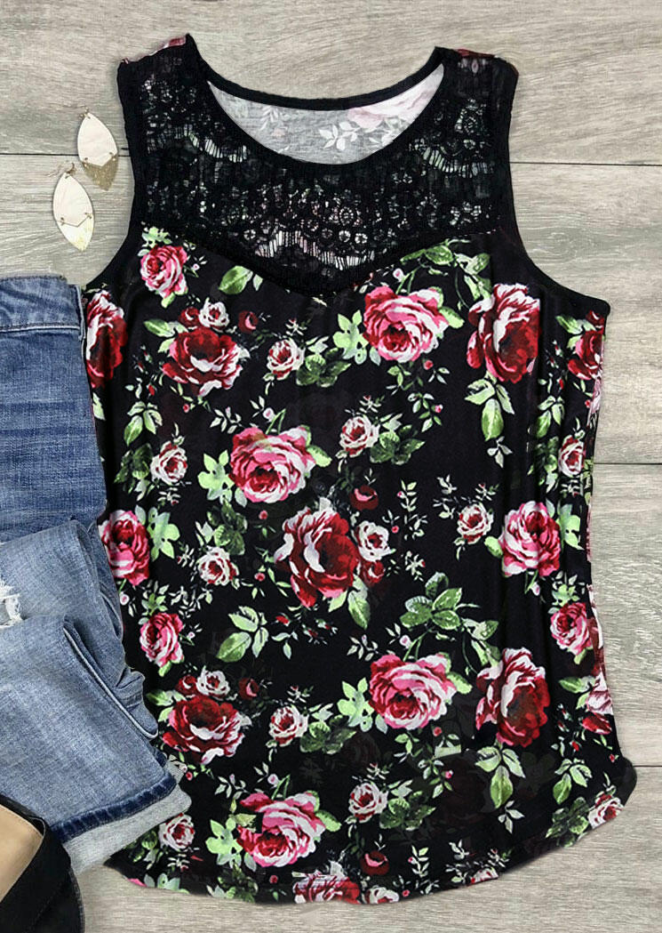 

Floral Lace Splicing Tank - Black, 472493