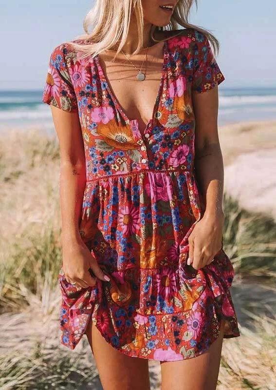 

Mini Dresses Floral Ruffled Button Mini Dress without Necklace in Red. Size