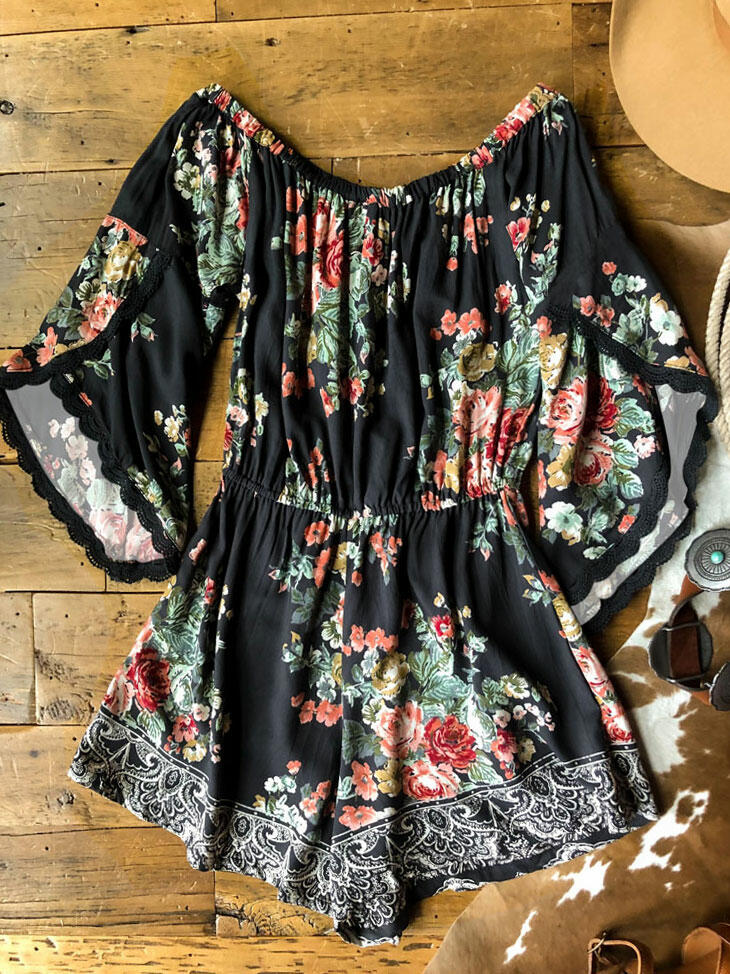 

Jumpsuits & Rompers Floral Ruffled Lace Splicing Romper in Black. Size