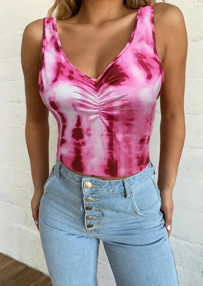 

Tank Tops Tie Dye Ruffled V-Neck Tank - Pink. Size