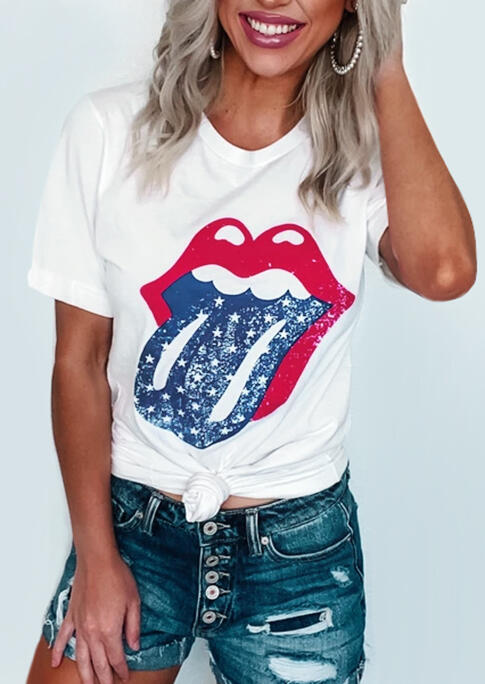 

Star Lips O-Neck T-Shirt Tee - White, 472746