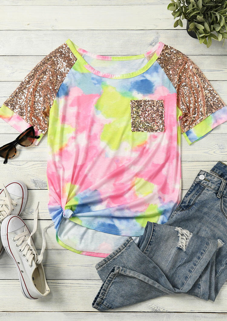 Tie Dye Sequined Splicing Pocket Blouse