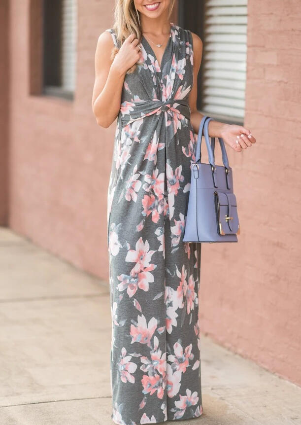 

Floral Twist Ruffled V-Neck Maxi Dress without Necklace - Gray, 472185