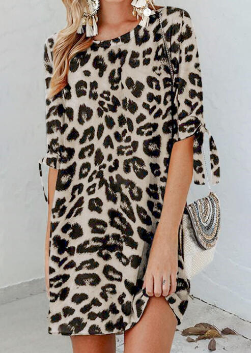 

Mini Dresses Leopard O-Neck Tie Mini Dress in Leopard. Size