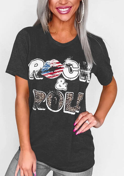 

Rock And Roll American Flag Lips Leopard T-Shirt Tee - Dark Grey, 472354