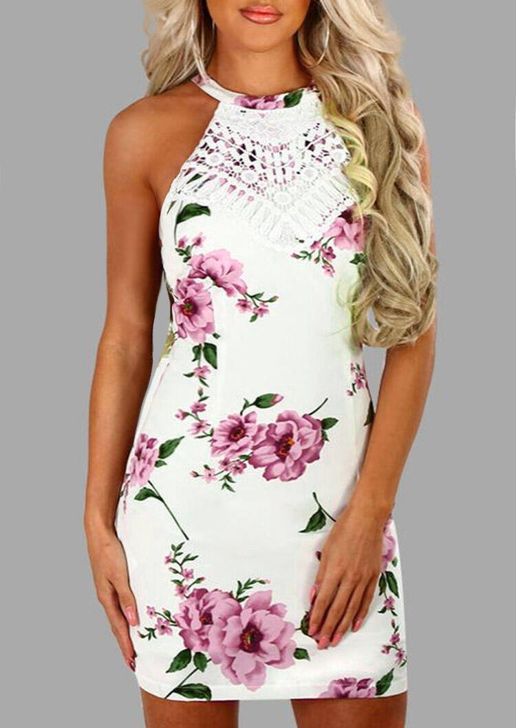 

Floral Lace Splicing Halter Open Back Mini Dress - White, 472392