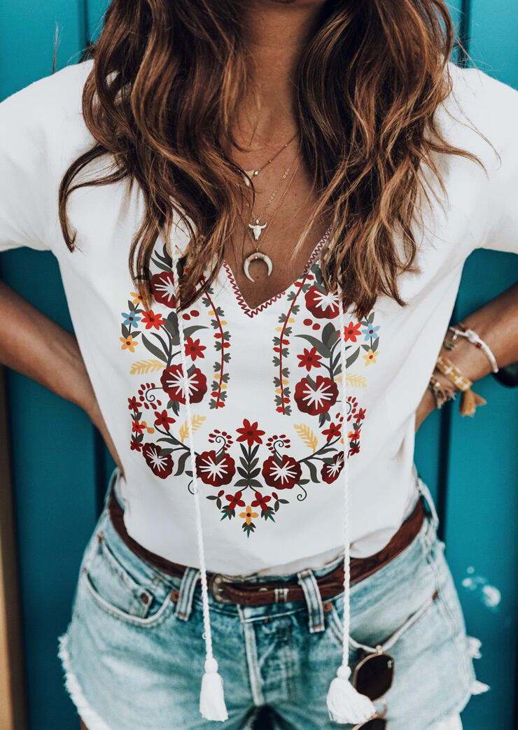 

Floral Tassel Drawstring V-Neck Blouse without Necklace - White, 472399