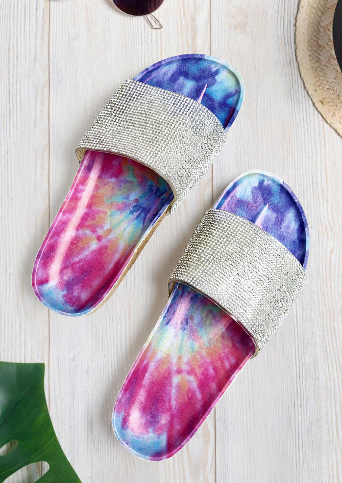

Summer Tie Dye Rhinestone Flat Slippers, Multi, 472477